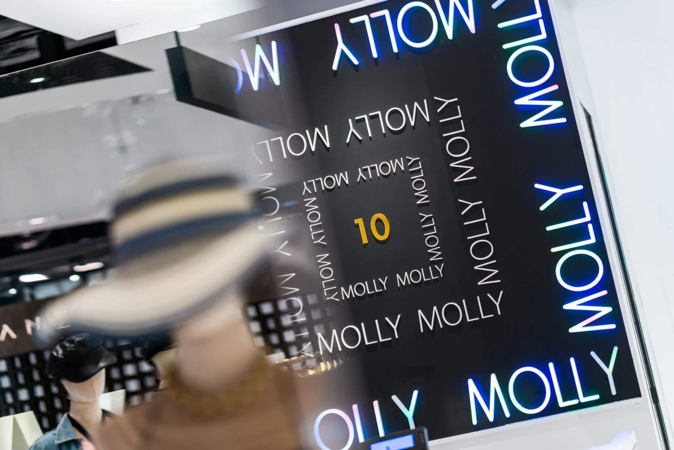 Molly|服裝前景中的黑色文字品牌牆