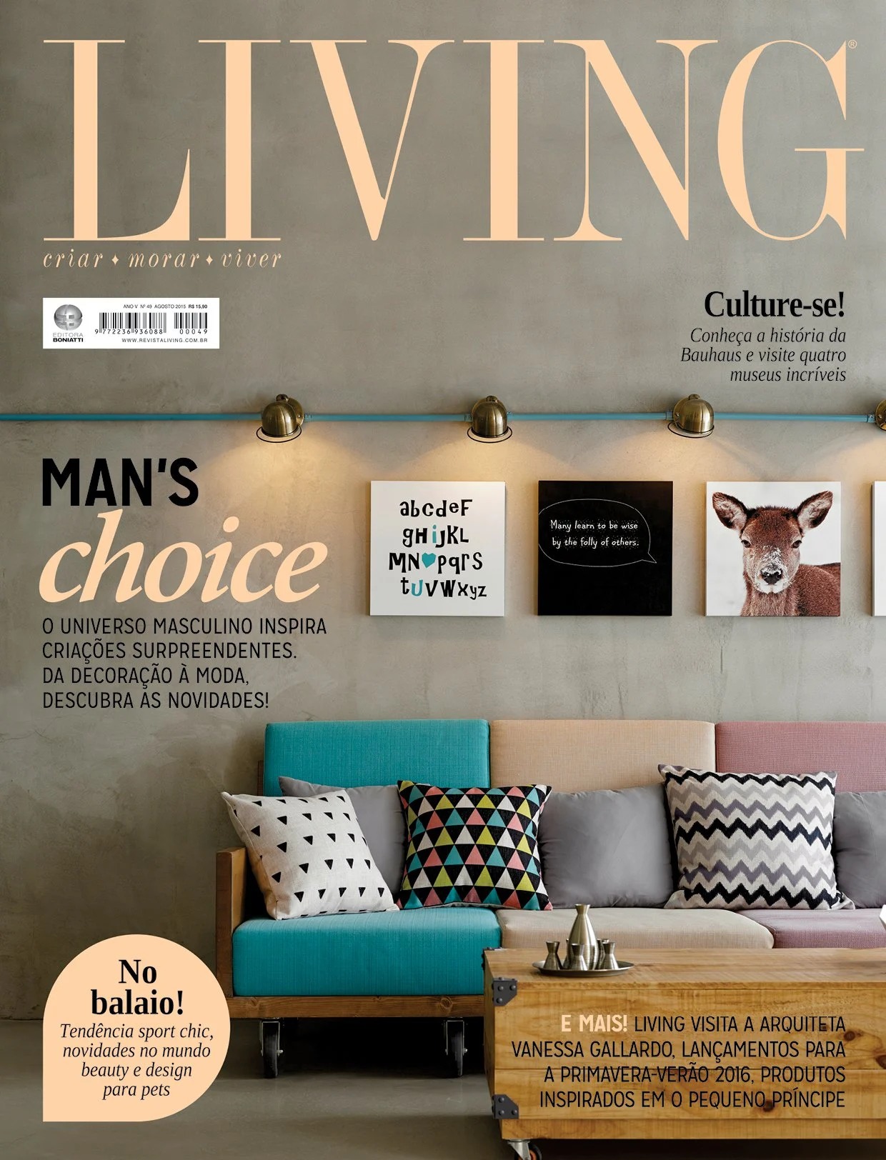 巴西Living雜誌封面：綠色沙發、幾何靠墊與MAN’S choice字樣