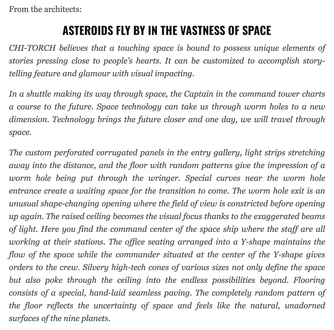 ARCHISCENE穿梭科技原報導設計文字:ASTEROIDS FLY BY IN THE VASTNESS OF SPACE段落