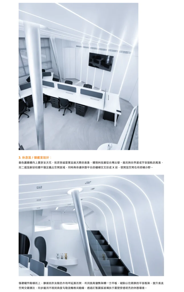 DECO穿梭科技辦公室照片:上層俯視工作席與曲面柱旁的黑色樓梯