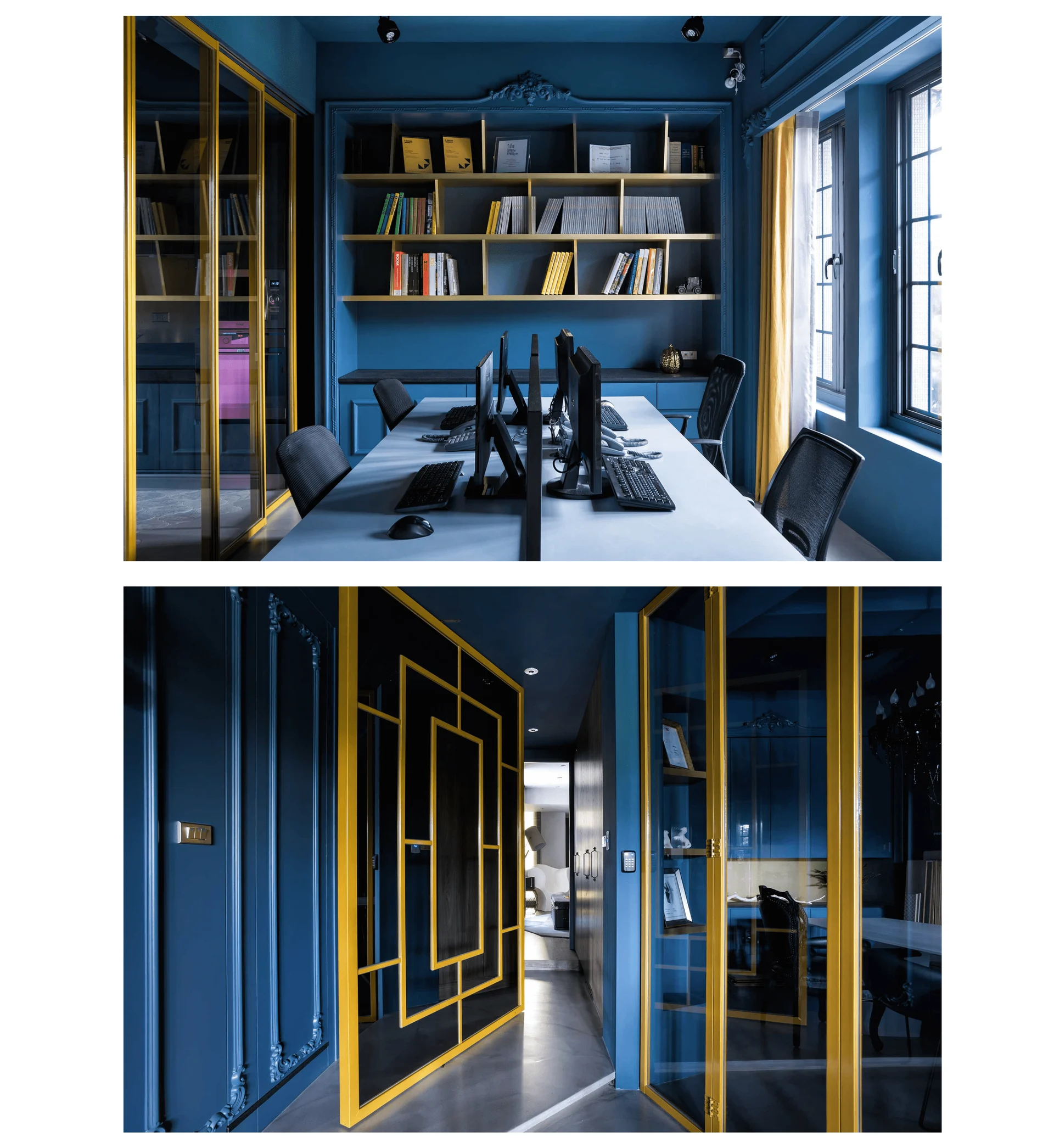 Design Anthology藝鏡照片:長窗工作桌、藍色書架與金框玻璃門
